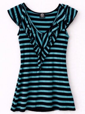 Bobeau Ruffle Neck Top Black Teal Stripe Casual